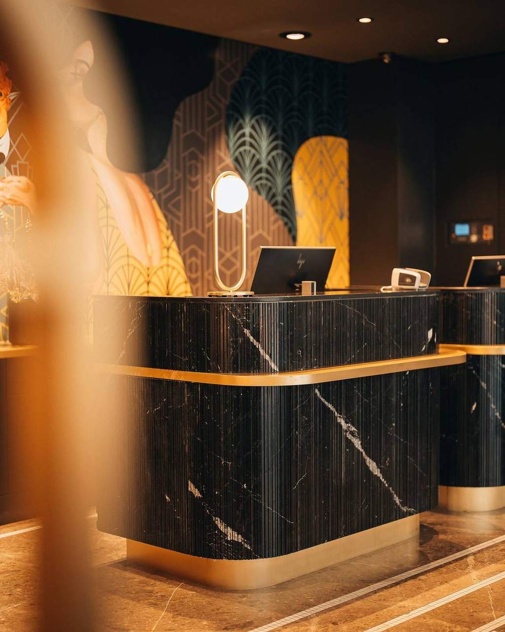 Hotel reception desk with warm lights