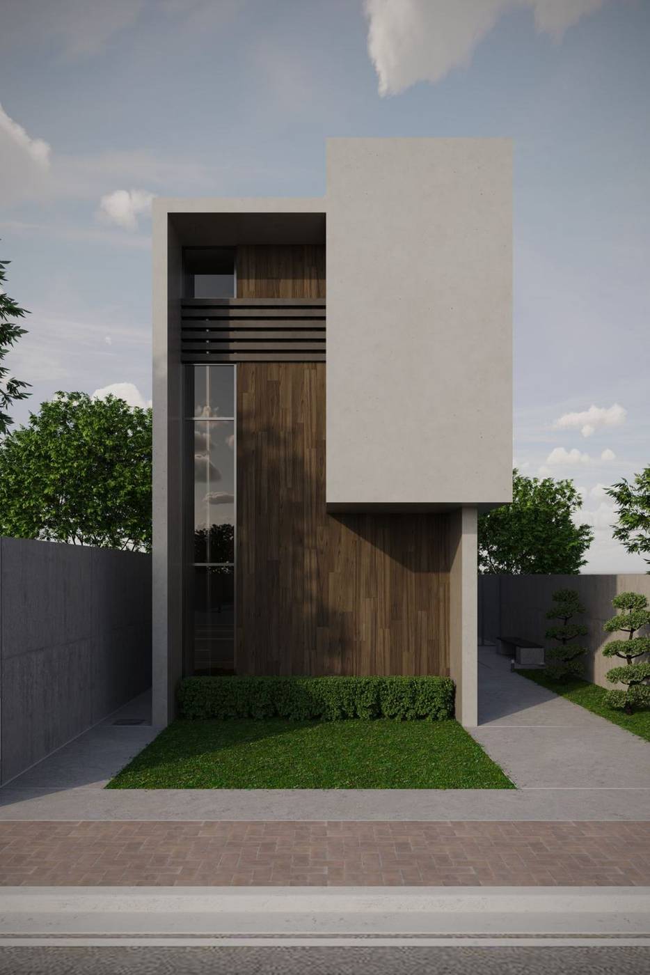 Narrow modern house with wood cladding
