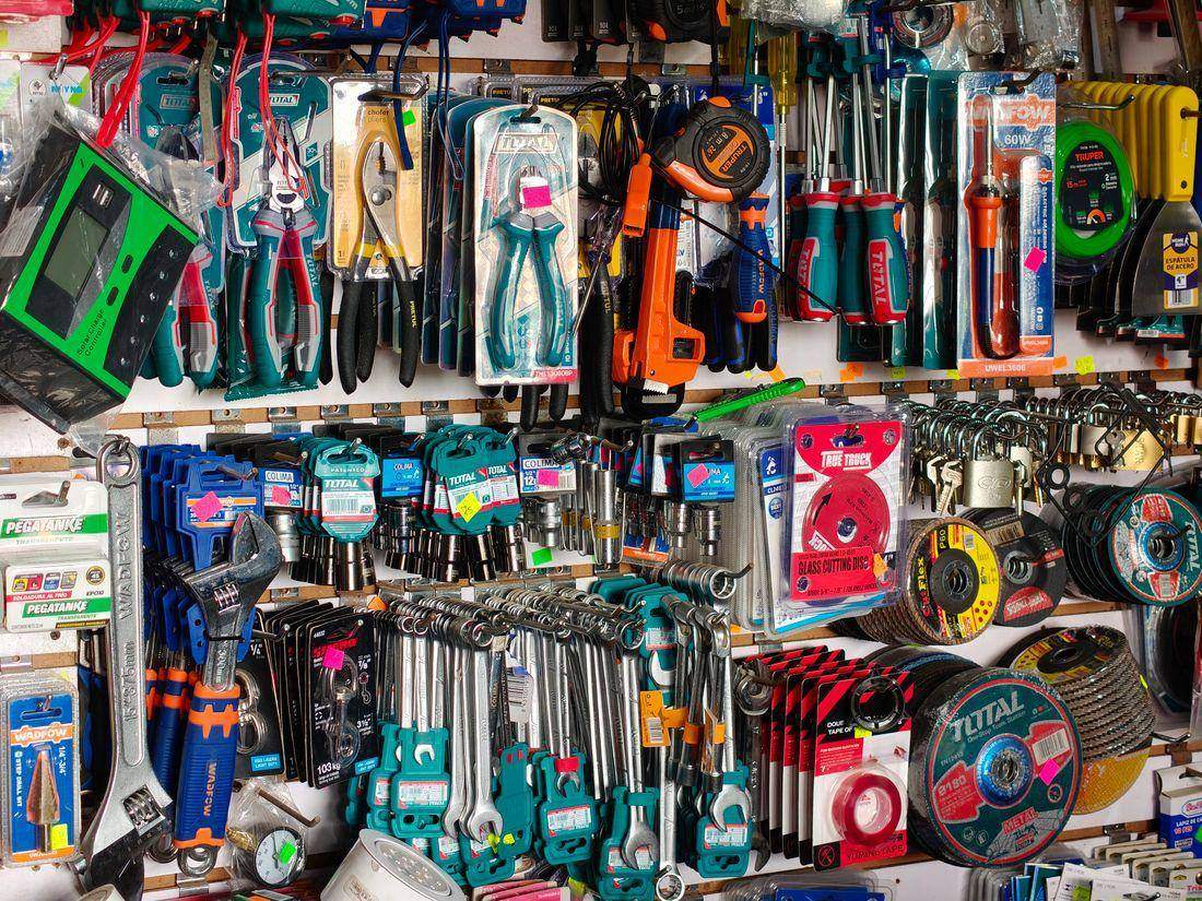 Tools and supplies on the shop wall at Kumara Hardware